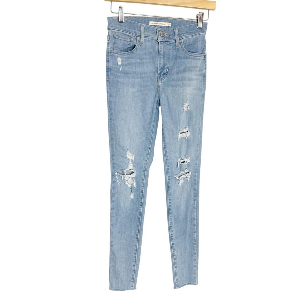 Levi’s 720 High Rise Super Skinny Distressed Light Wash Stretch Denim Blue Jeans